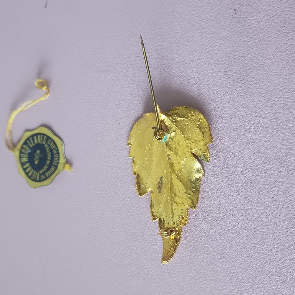 24k Gold Plated Vienna Wood Leaf Brooch View 6